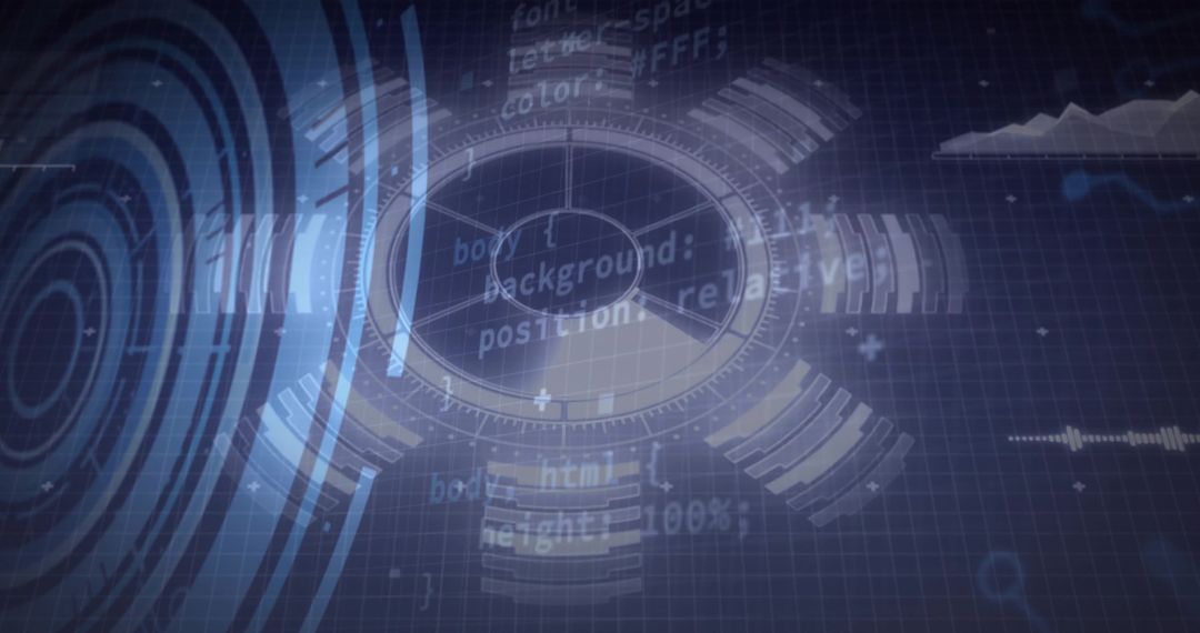 Futuristic Technology Interface with HUD and Code Snippets Visualization