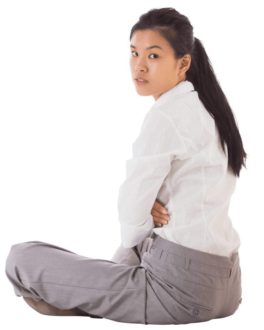 Transparent Businesswoman Sitting Cross-Legged Frowning Pose