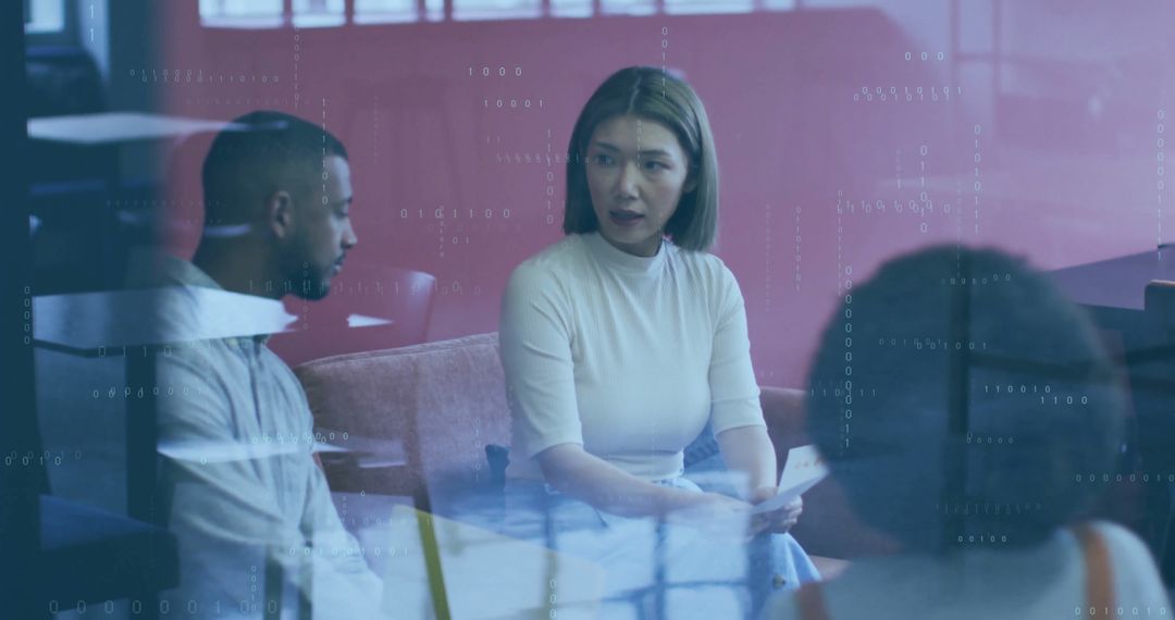 Diverse Team Discussing Strategy with Digital Interface Overlay