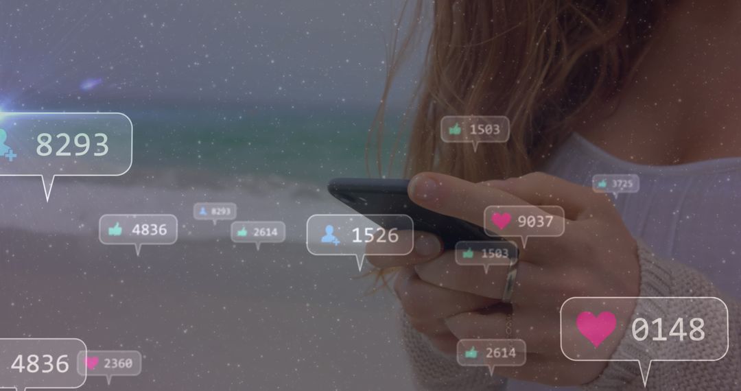 Woman Engaging With Smartphone and Social Media Icons Overlay