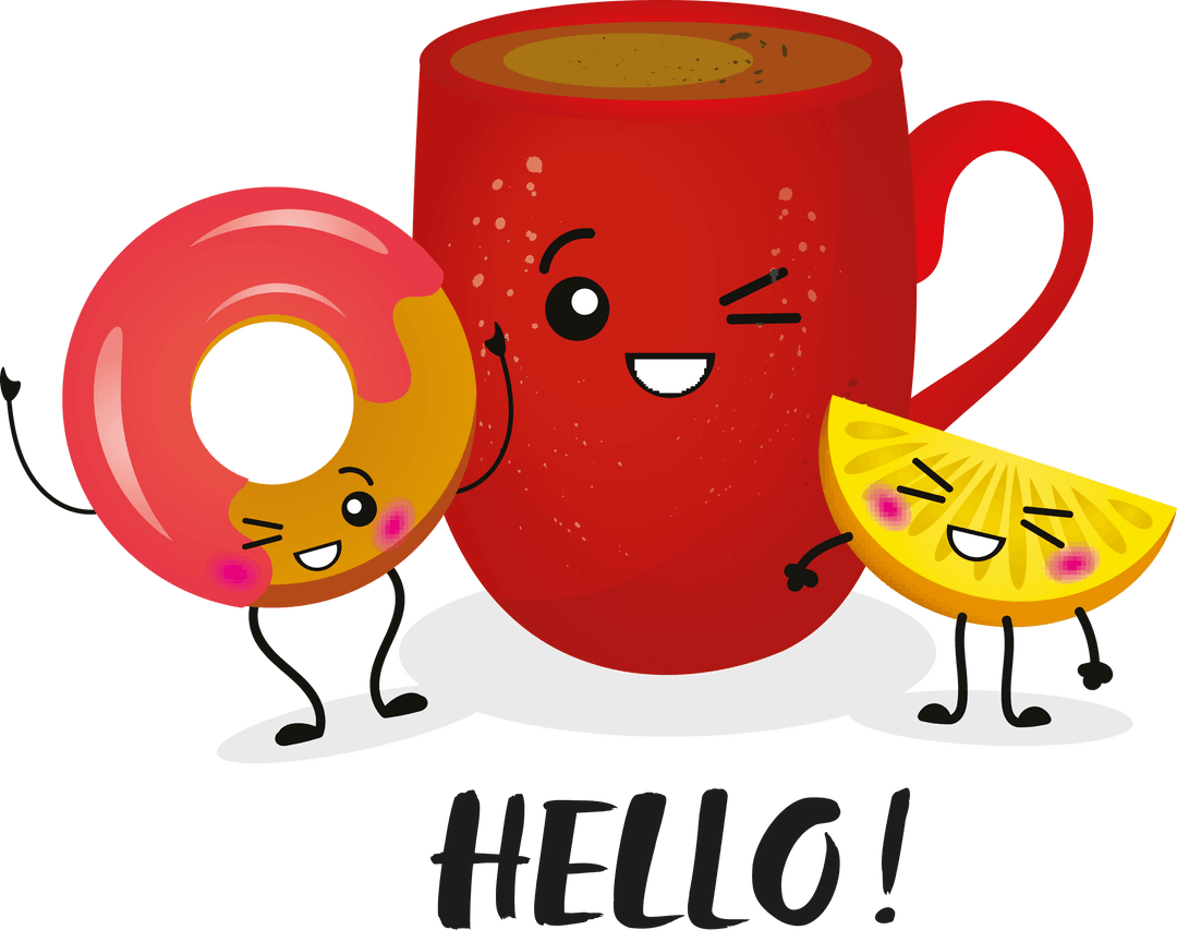 Charming Coffee and Donut Characters Saying Hello Transparent