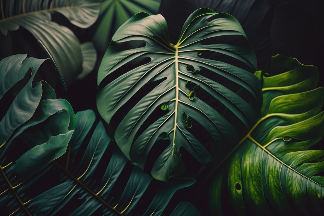 Close-Up of Lush Green Monstera Leaves in Low Light - Free Images, Stock Photos and Pictures on Pikwizard.com