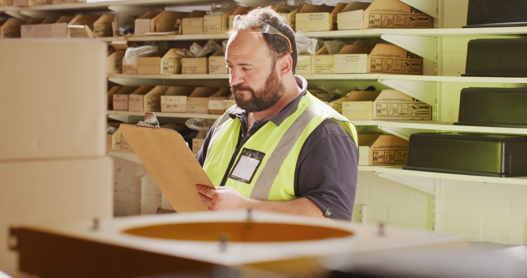 Warehouse Worker Wearing Safety Vest Checking Inventory - Free Images, Stock Photos and Pictures on Pikwizard.com