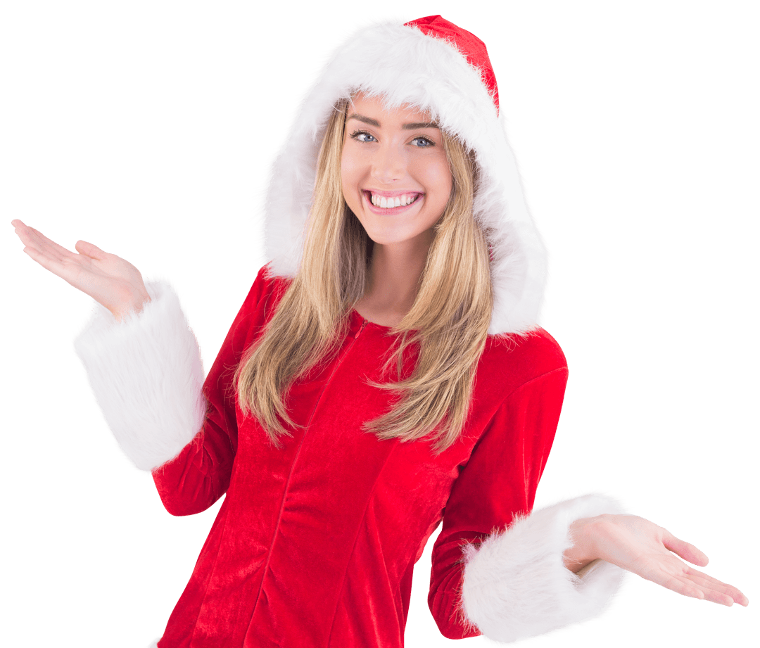 Smiling Woman in Santa Outfit with Transparent Background