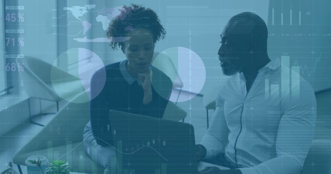 Business Professionals Analyzing Data with Financial Charts Overlay