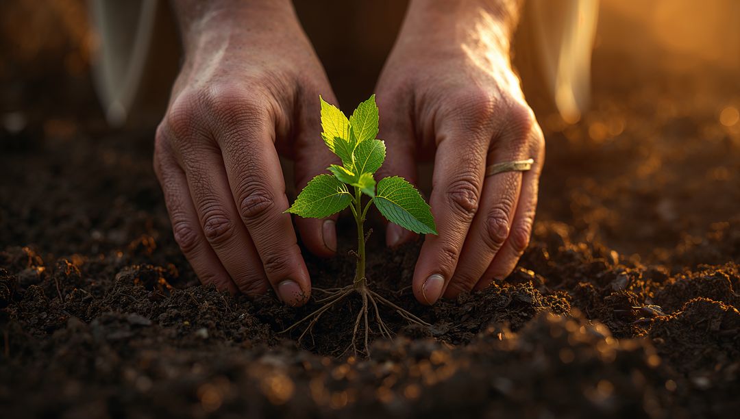 Nurturing New Growth: Hands Planting Seedling in Garden