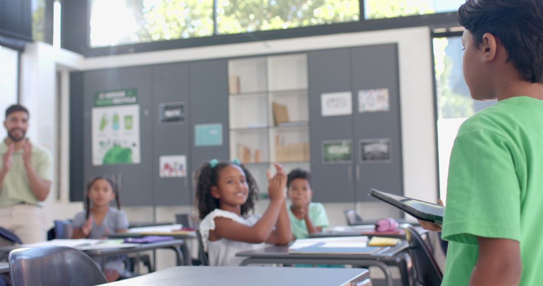 Confident Biracial Student Presenting in Classroom Setting
