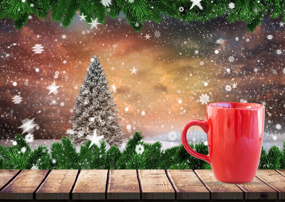 Red Coffee Mug on Wooden Plank with Christmas Trees and Falling Snowflakes - Free Images, Stock Photos and Pictures on Pikwizard.com