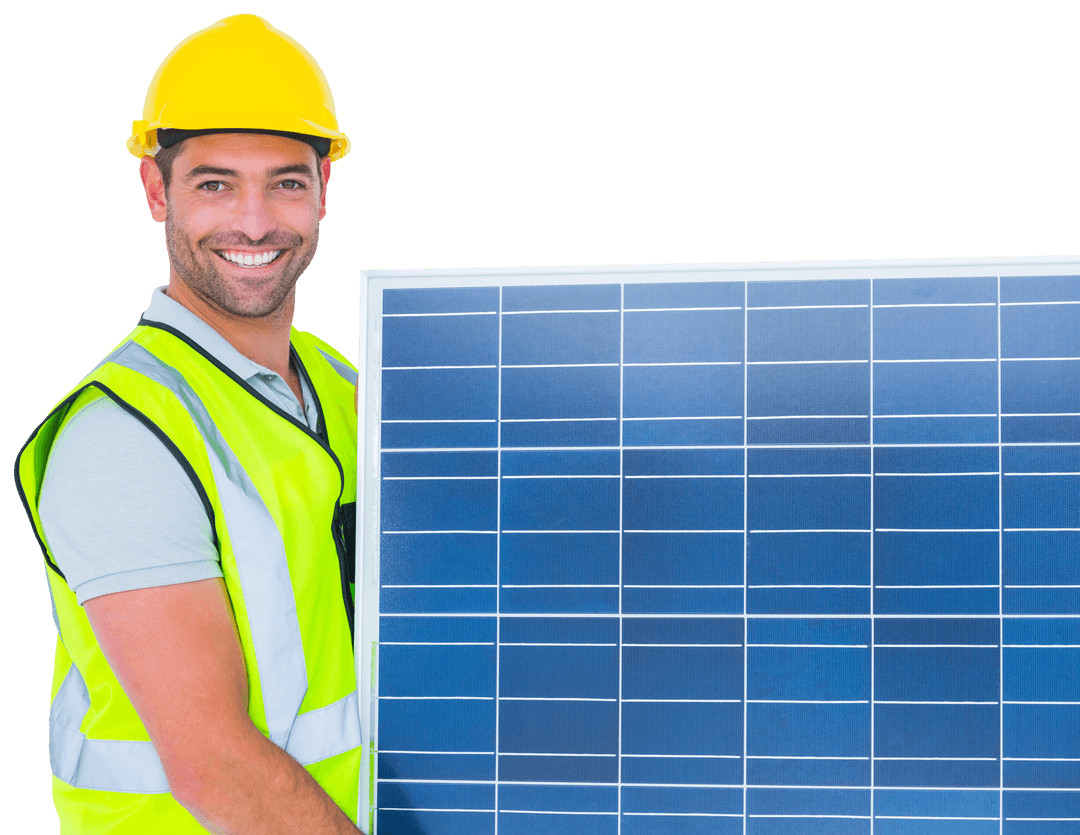 Smiling Technician Holding Transparent Solar Panel Isolated
