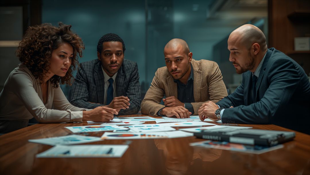 Focused Business Team Analyzing Documents in Conference Room