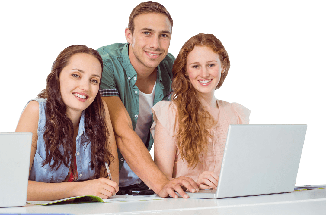 Transparent Group of Smiling Students Collaborating on Project