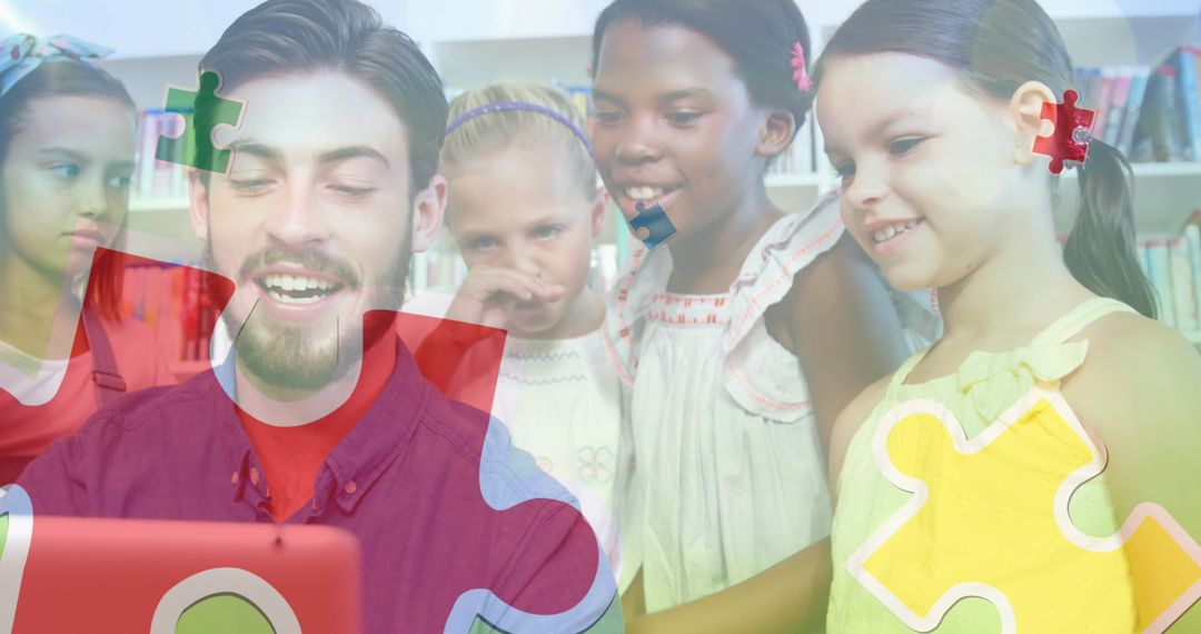 Joyful Educator Engaging with Diverse Children and Colorful Puzzle Overlay