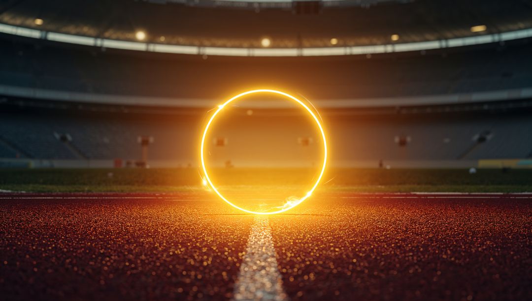 Glowing Neon Ring Resting on Stadium Track Lighting Damp Granular Surface Moody Night