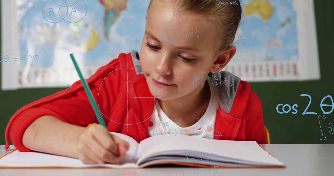 Image of math formulas over focused caucasian girl earning at school - Free Images, Stock Photos and Pictures on Pikwizard.com