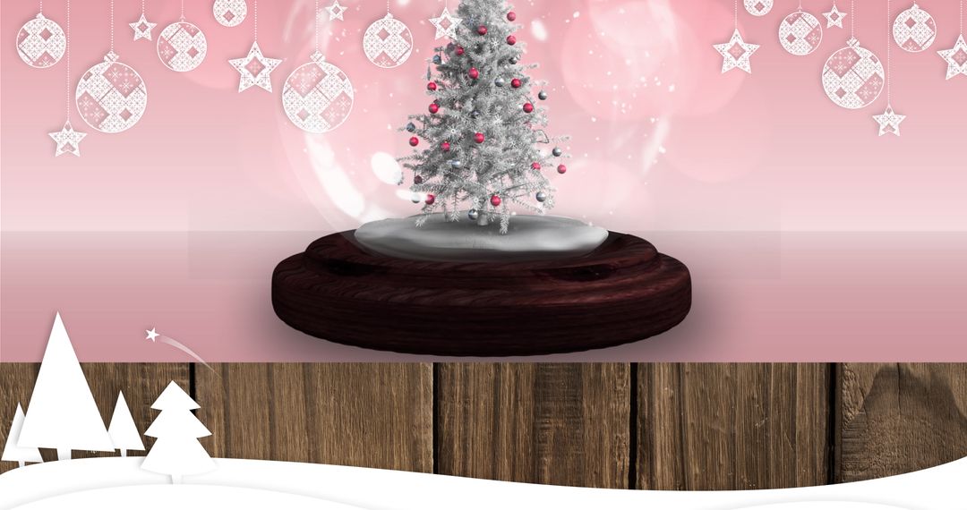 Snow Globe with Christmas Tree on Festive Pink Background