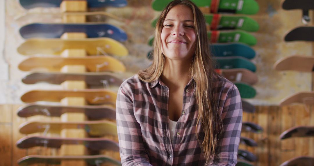 Young Woman Smiling in Skateboard Shop - Free Images, Stock Photos and Pictures on Pikwizard.com