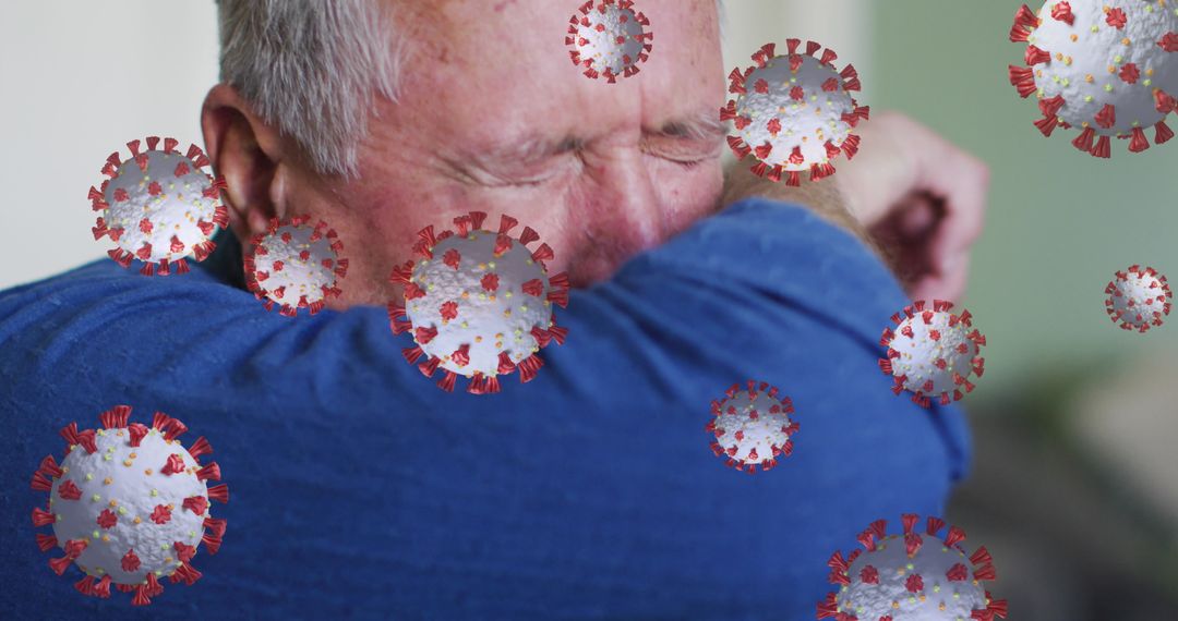 Senior Man Coughs While Illustrated Virus Icons Pattern Overlay