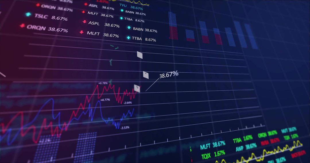 Neon Financial Dashboard Displaying Market Charts and 38.67% Marker on Tilted Grid Monitor