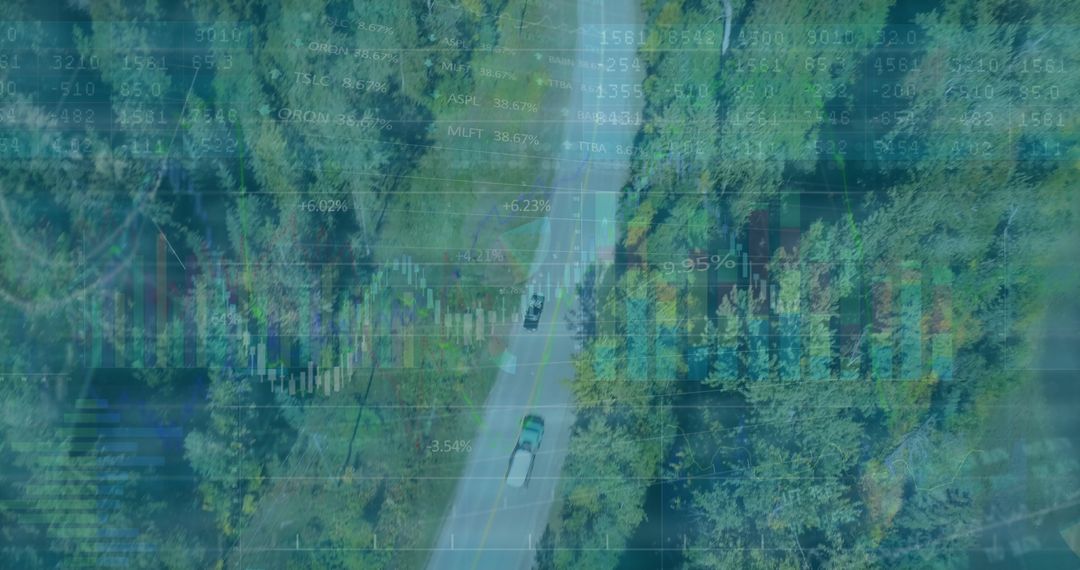 Aerial View of Vehicles on Forest Road with Data Visualization Overlay