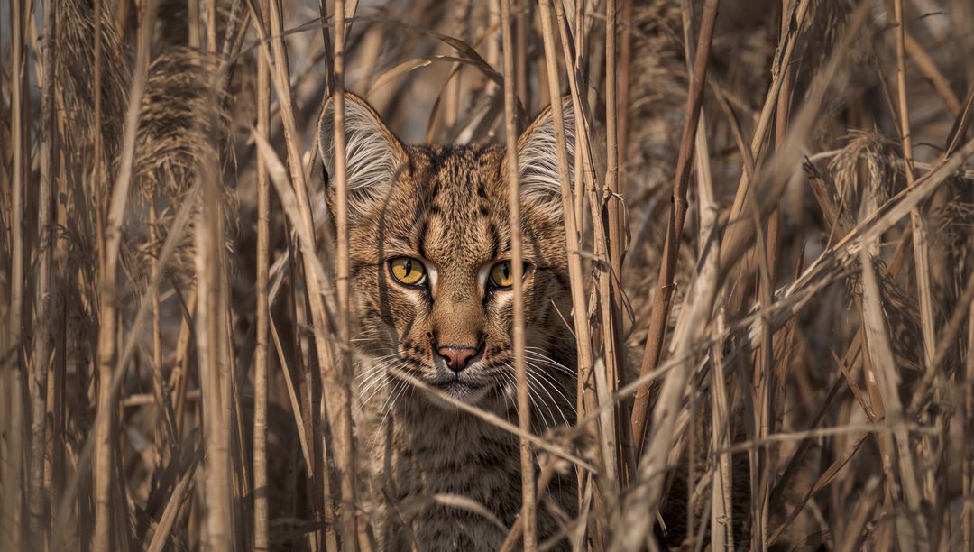 Close-Up Wildcat Peering Through Dry Reeds Hunting in Camouflaged Grassland with Amber Eyes