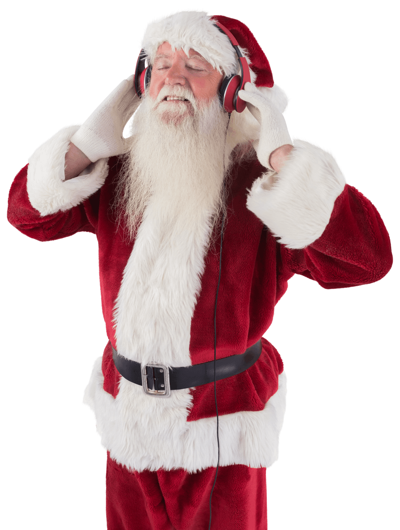 Joyful Santa Claus Listening Music on Headphones with Transparent Background