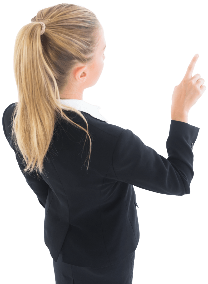 Transparent Businesswoman Pointing Upward in Professional Suit