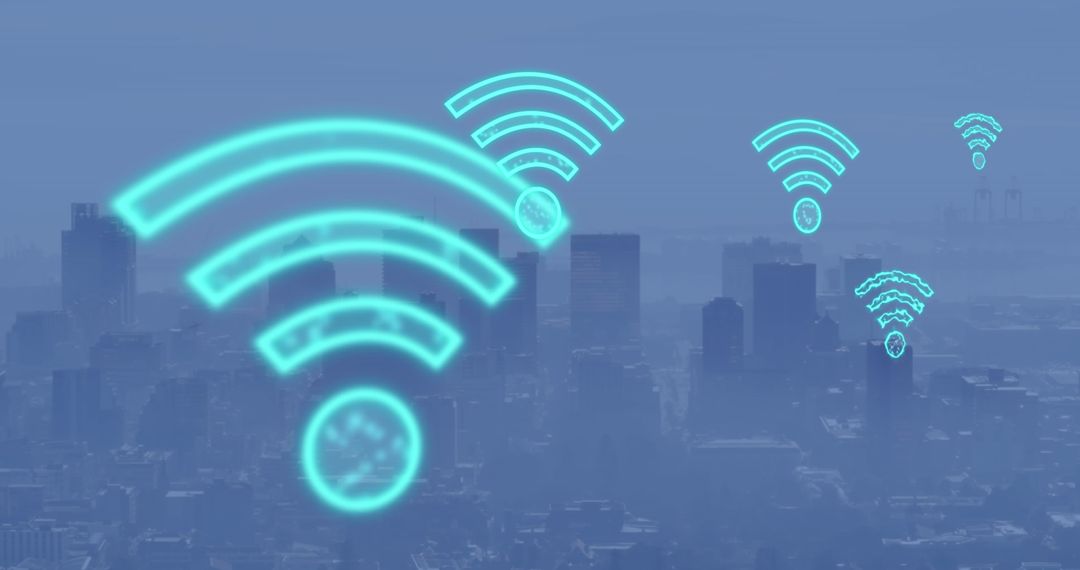 Digital Wifi Network Icons Over Futuristic Cityscape - Free Images, Stock Photos and Pictures on Pikwizard.com