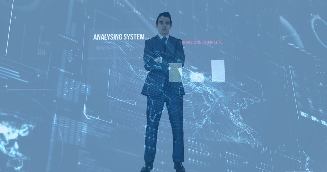 Businessman Analyzing Global Data with Futuristic Interface