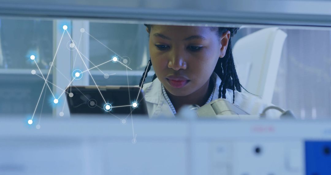 Female Scientist in Laboratory with Digital Interface Overlay