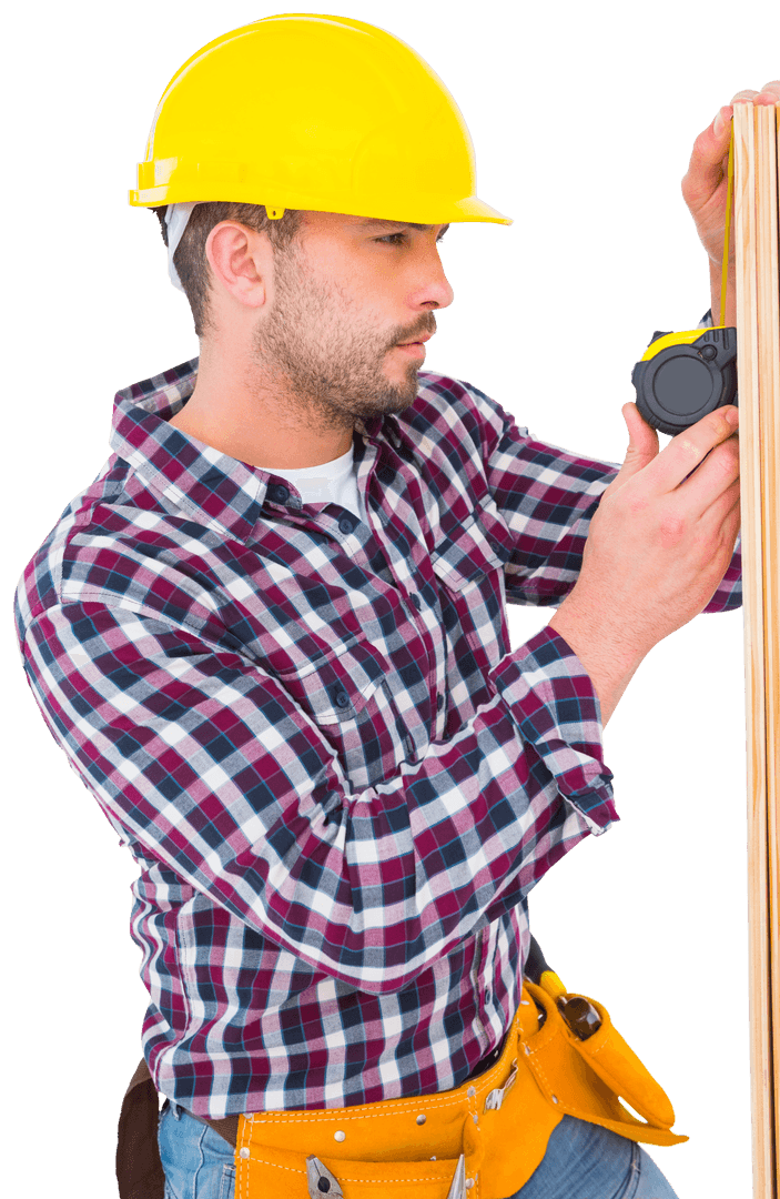 Handyman Measuring Wooden Plank with Tape Transparency