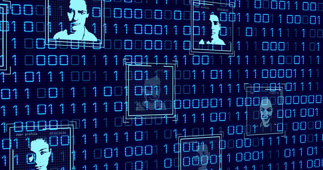 Digital Collage of Human Profiles in Binary Code Backdrop