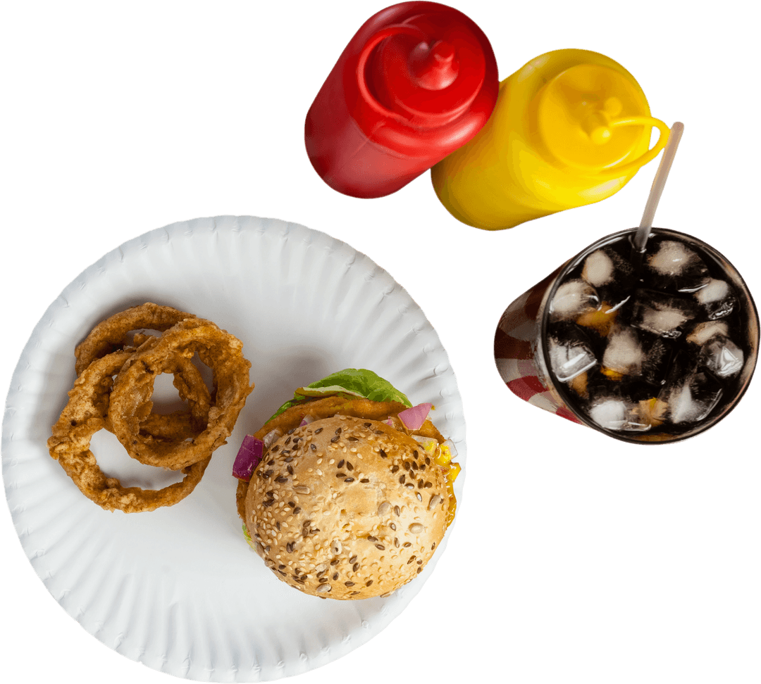 Top View of Delicious Hamburger with Onion Rings Transparent Background