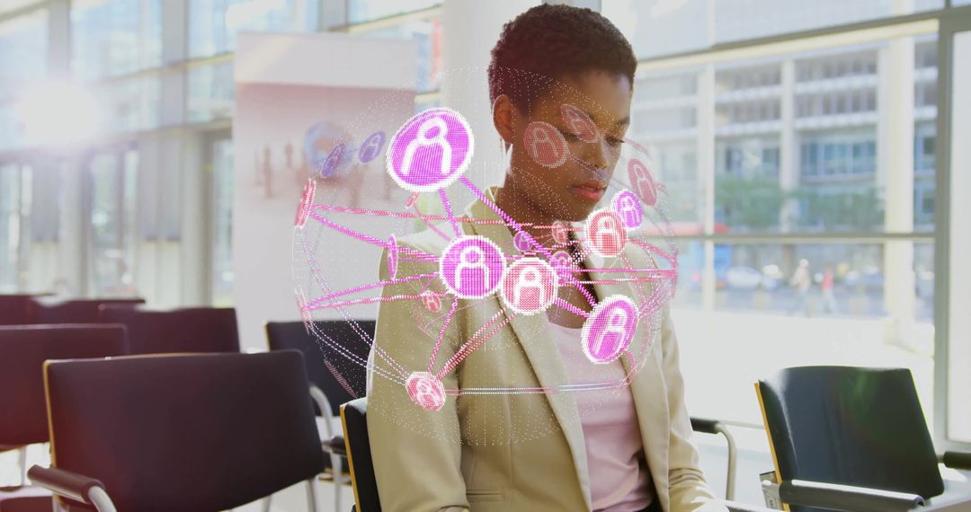 Businessman Navigating Holographic Network Display in Modern Office Space