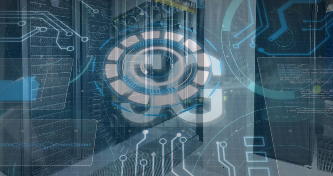 Futuristic 5G Network Overlay with Digital Graphics in Server Room