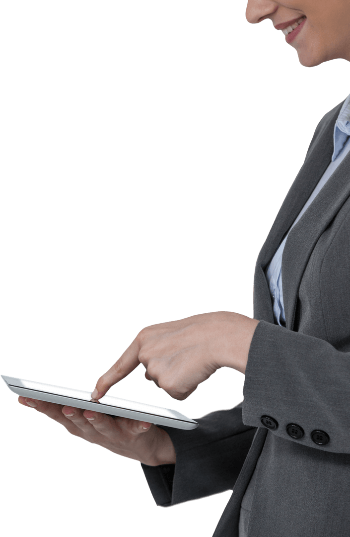 Transparent Touch: Motivated Businesswoman Operating Tablet