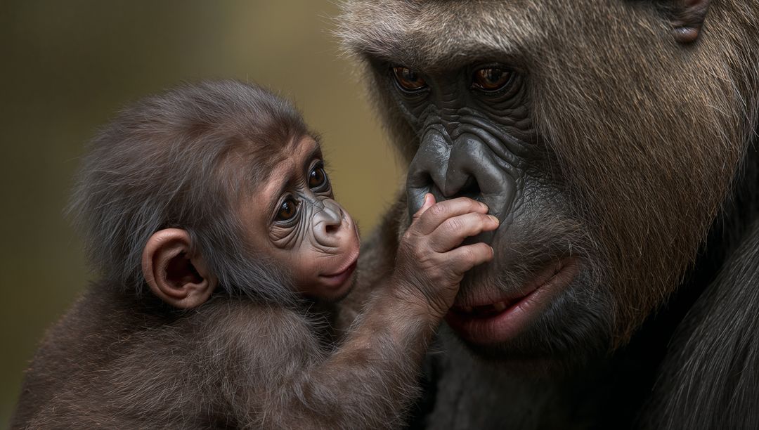 Infant Gorilla Reaching and Touching Adult Nose Close-Up Conveying Maternal Bond