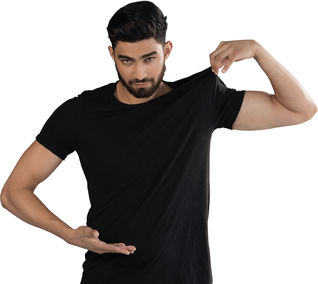 Transparent Portrait of Man Playfully Stretching Black T-Shirt