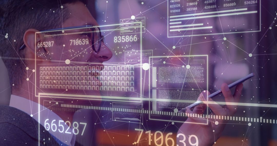 Businessman Engaging with Holographic Interface for Data Analysis