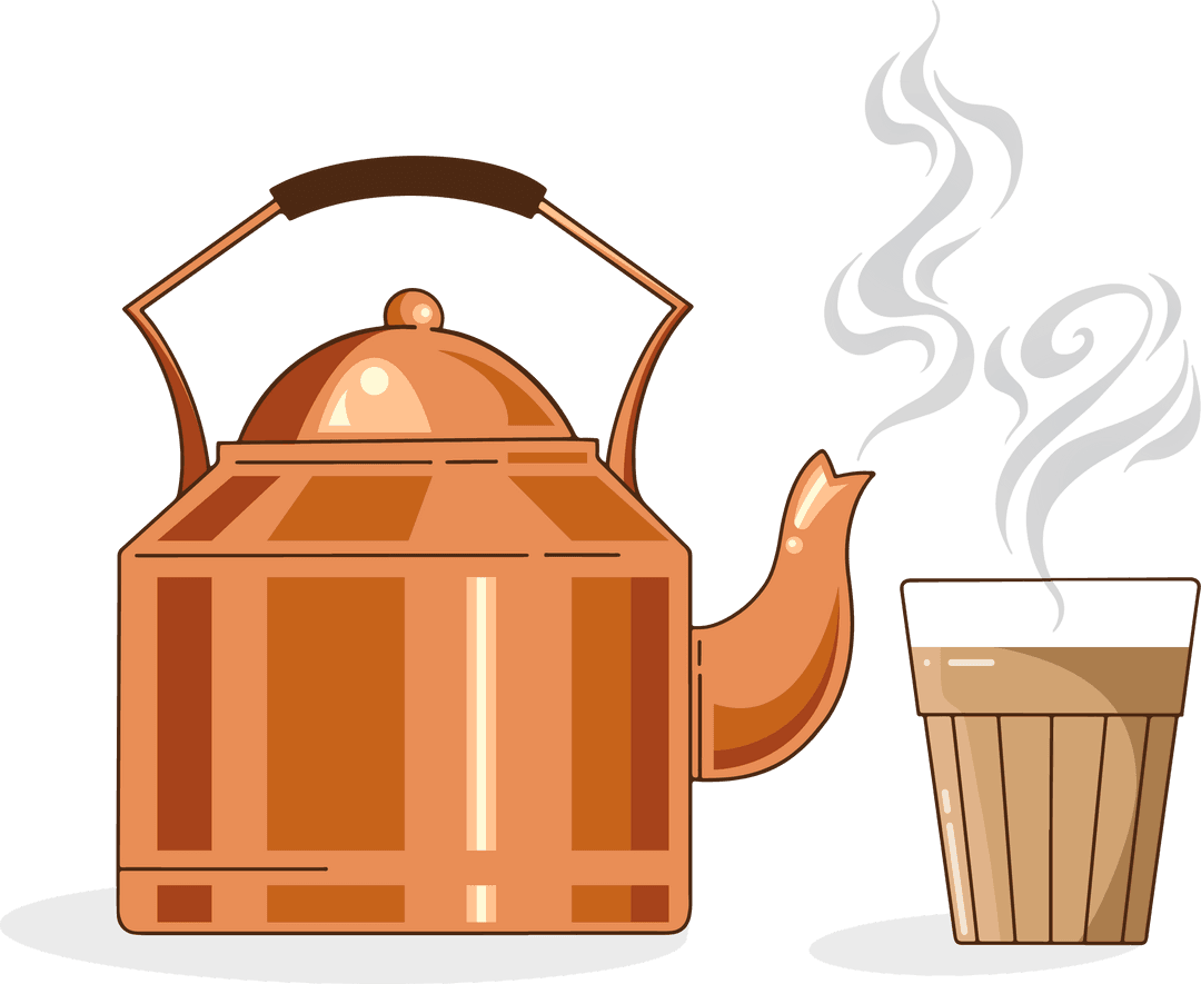 Flat Design Copper Kettle with Steaming Glass on Transparent Background