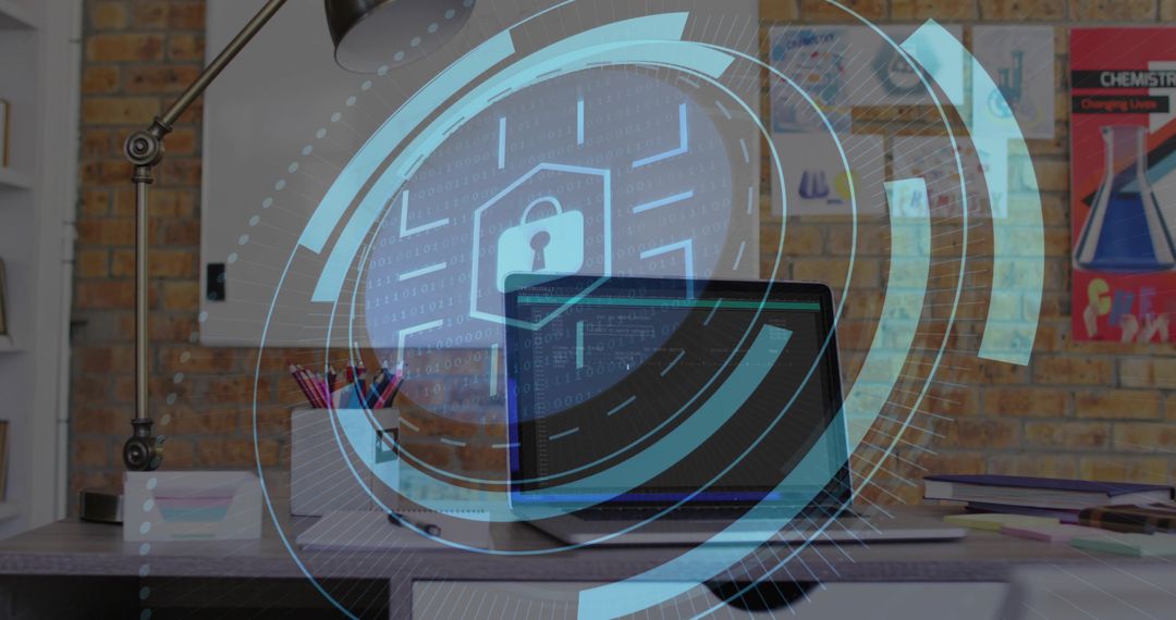 Cybersecurity laptop with digital lock HUD overlay on home office desk showing code