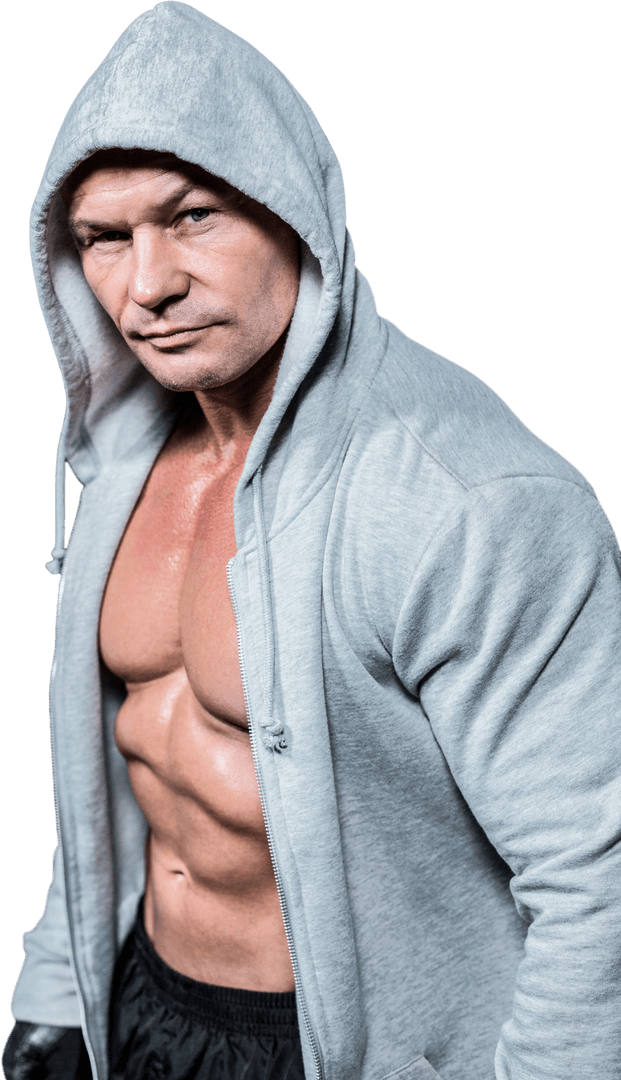 Transparent Portrait of Muscular Man in a Gray Hoodie
