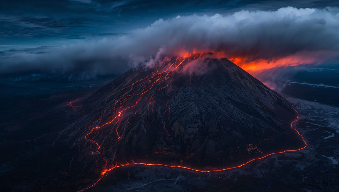 Fiery Volcano Eruption with Flowing Lava and Dramatic Ash Cloud