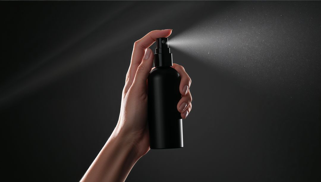 Elegant Hand Holding Matte Black Spray Bottle with Fine Mist