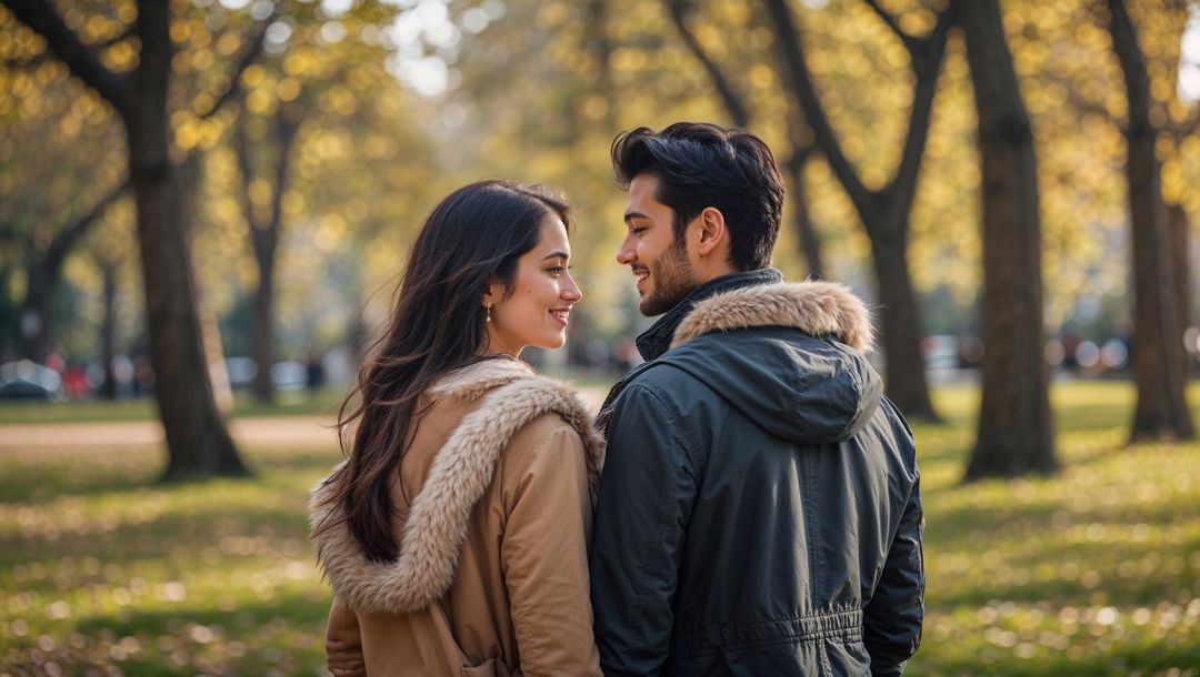 Romantic lovers smiling under autumn trees in park with fur-lined parkas