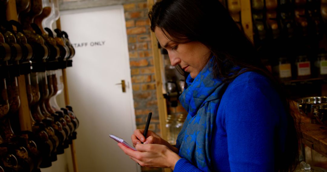 Woman taking notes in coffee shop, blue sweater and scarf - Free Images, Stock Photos and Pictures on Pikwizard.com