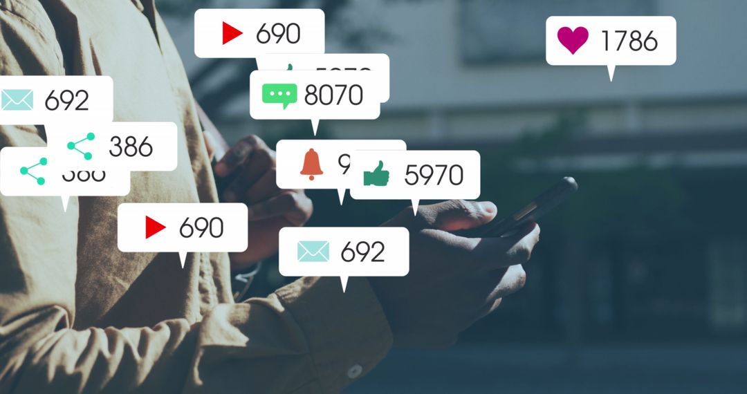 Man Engaging with Social Media Analytics on Smartphone Outdoors