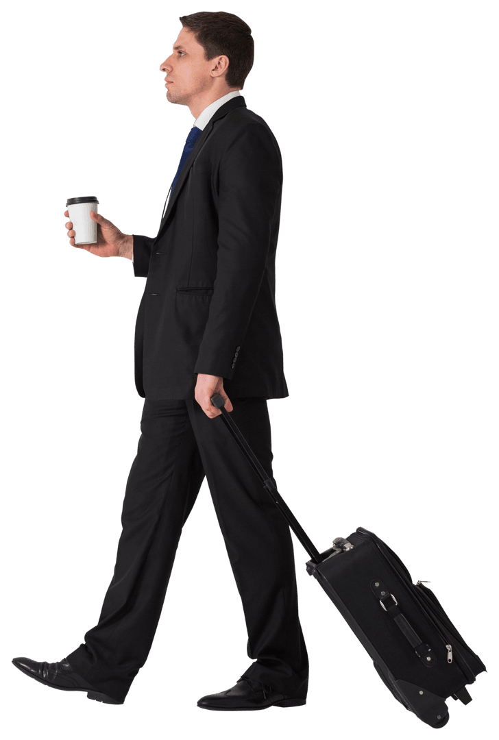 Transparent Businessman with Coffee Pulling Suitcase