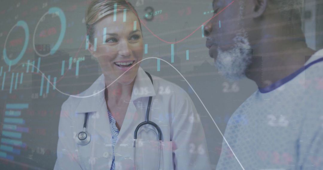 Multiracial Doctor Consulting Patient with Digital Financial Graphics