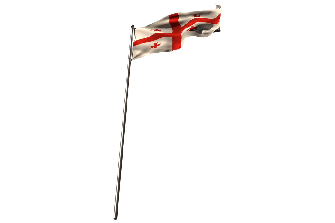 Transparent Waving Georgian Flag with Flagpole on Clear Background