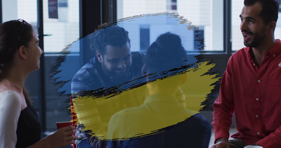 Diverse Team Discussing Ideas with Ukraine Flag Overlay